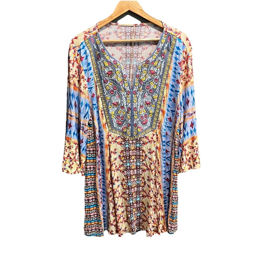 Soft Surroundings Fifi Floral Embroidered Print Bell Sleeve‎ Tunic Top Size XL